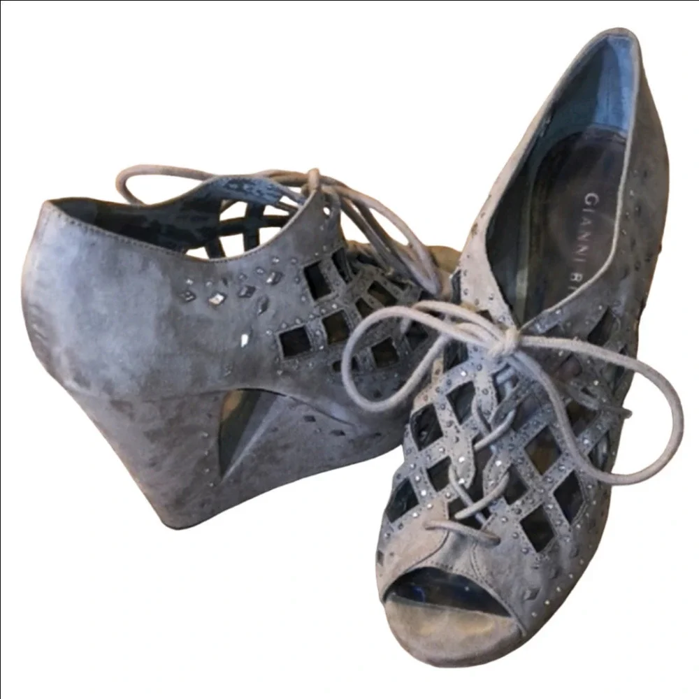 Gianni Bini Charcoal Lace Up Wedges